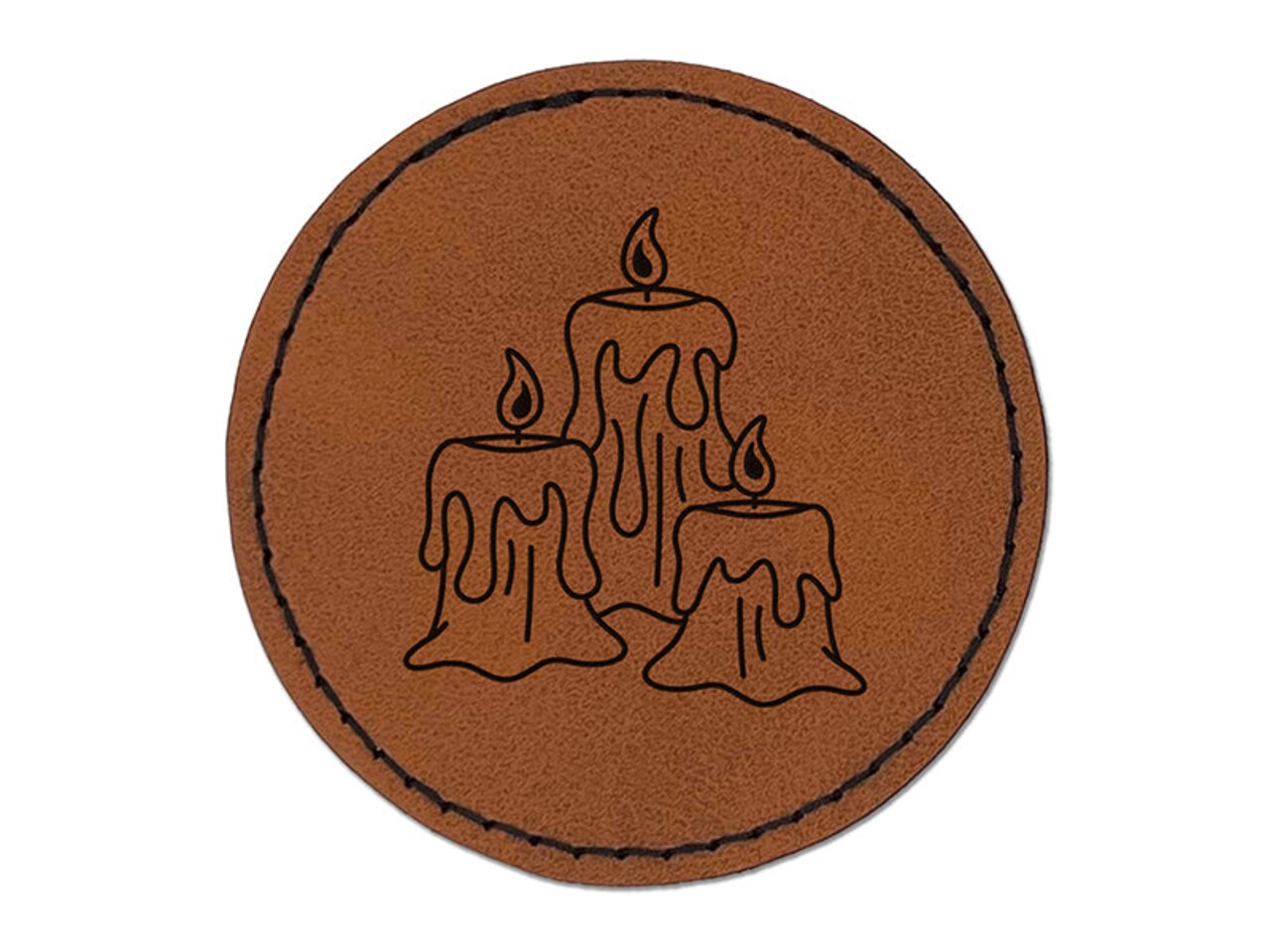 Burning Melting Candle Trio Round Iron-On Engraved Faux Leather Patch Applique - 2.5"